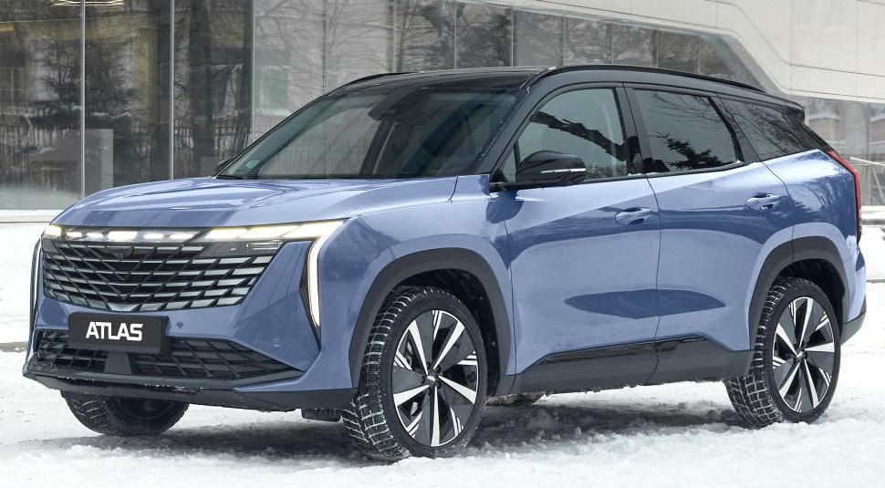 Geely Atlas crossover exterior view showing futuristic grille and LED lights